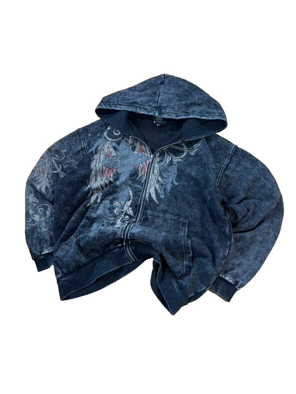 Hot Topic Gothic Zip Hoodie Small Black Y2K Acid Wash Cross
